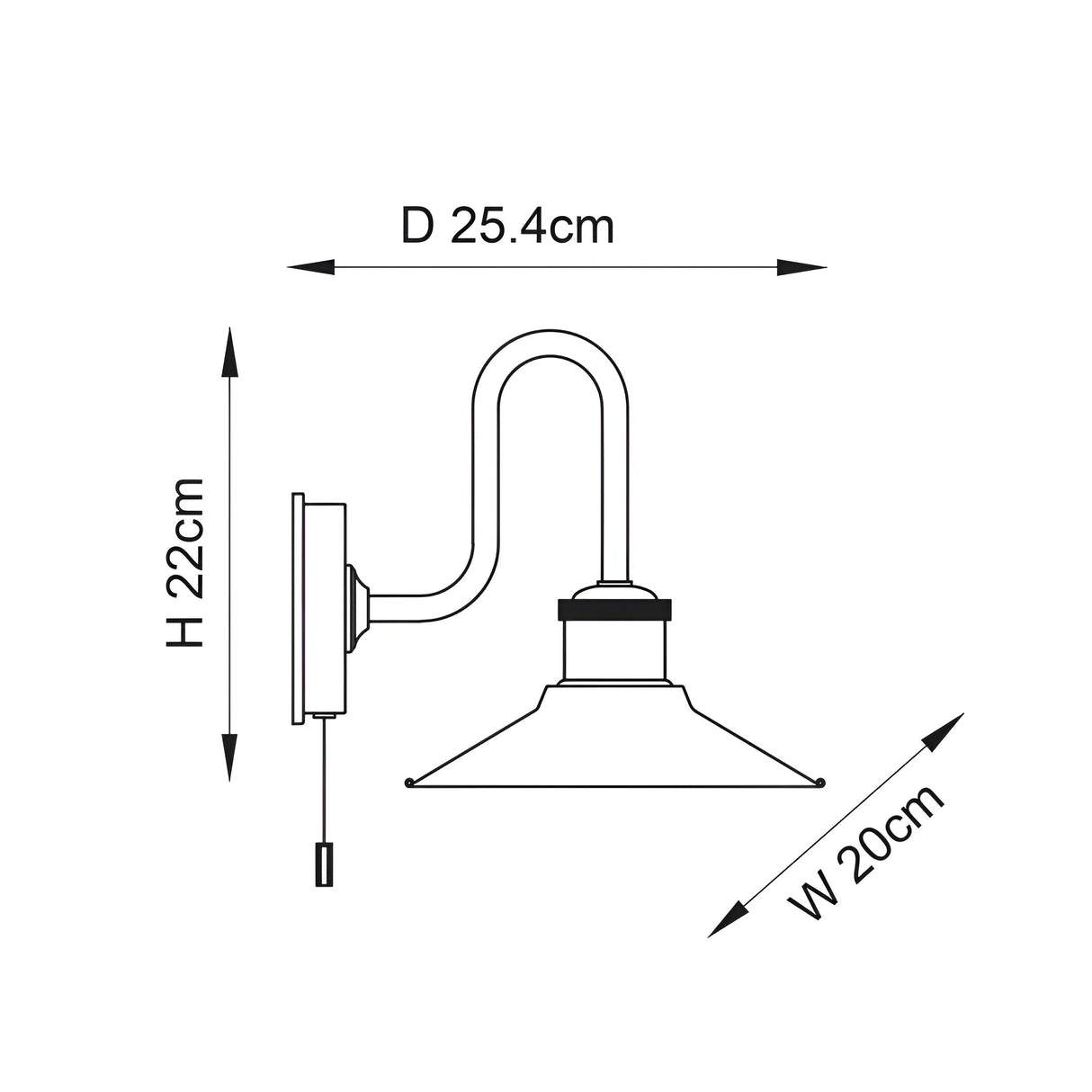 Line drawing of the Cardew swan-neck bathroom wall light in polished chrome with a white coolie shade and pull switch, showing H22cm, W20cm, D25.4cm dimensions.