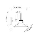 Line drawing of the Cardew swan-neck bathroom wall light in polished chrome with a white coolie shade and pull switch, showing H22cm, W20cm, D25.4cm dimensions.