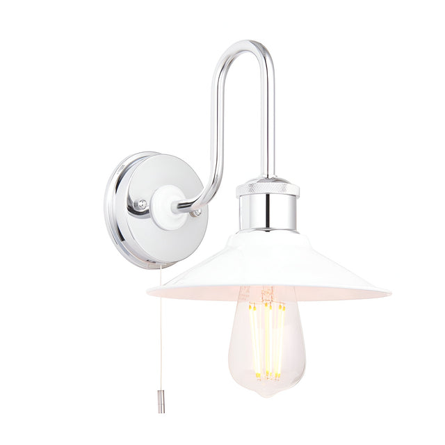 Cardew Bathroom Wall Light in polished chrome with swan-neck arm, white metal coolie shade, pull-cord switch, and exposed bulb, shown on a white background.
