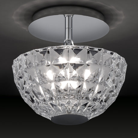 Deco Crystal Semi-Flush Ceiling Light in chrome, with a round ceiling plate, short stem, and a deep bowl of faceted clear crystal glass, shown against a dark background.