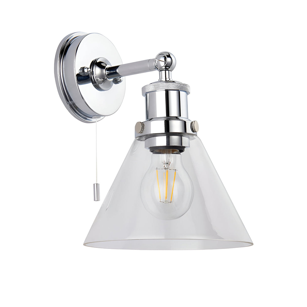Endon Cranmore bathroom wall light in polished chrome with cone-shaped clear glass shade, knurled circular back plate, pull cord switch, and E27 filament bulb.