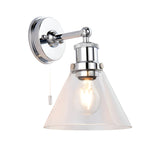Endon Cranmore bathroom wall light in polished chrome with cone-shaped clear glass shade, E27 bulb and pull cord switch, on a plain white background.