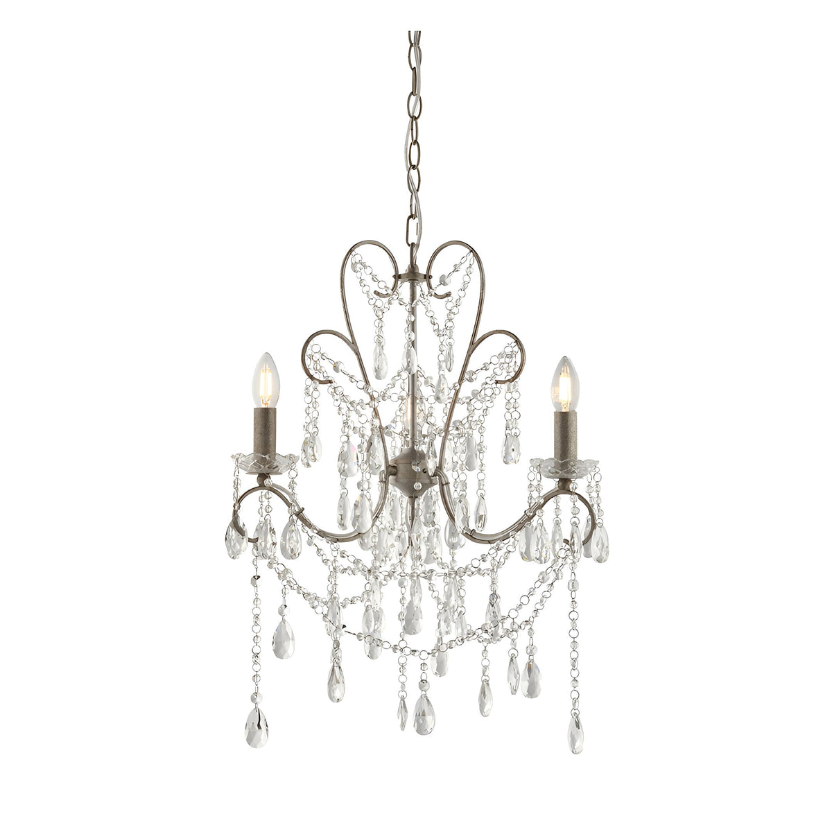Endon Aldwood 3 light pendant in aged silver with scrolled metal frame and clear faceted crystal droplets and swags, on a white background.