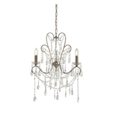 Endon Aldwood 3 light pendant in aged silver with scrolled metal frame and clear faceted crystal droplets and swags, on a white background.