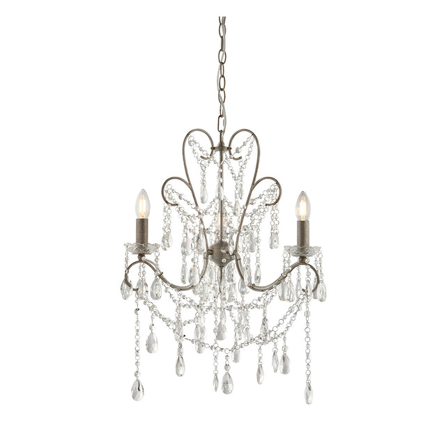 Endon Aldwood 3 light pendant in aged silver with scrolled metal frame and clear faceted crystal droplets and swags, on a white background.