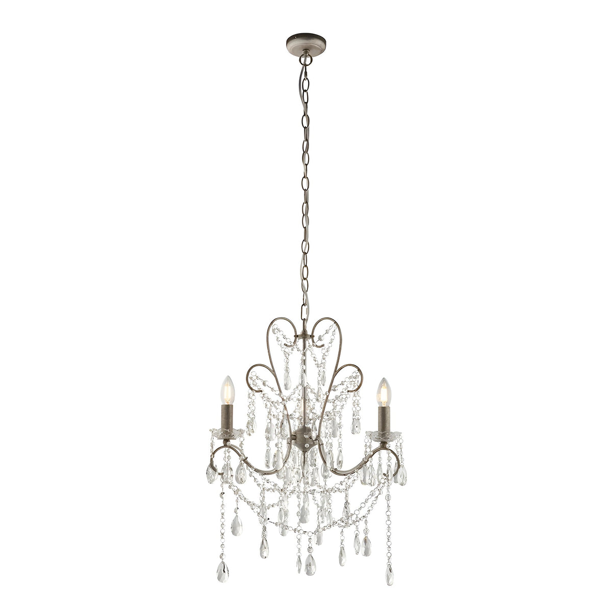 Endon Aldwood 3 light pendant in aged silver with scrolled metalwork and clear faceted cut crystal droplets, hung from a chain on a white background.