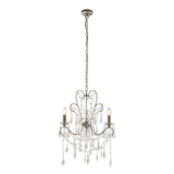 Endon Aldwood 3 light pendant in aged silver with scrolled metalwork and clear faceted cut crystal droplets, hung from a chain on a white background.
