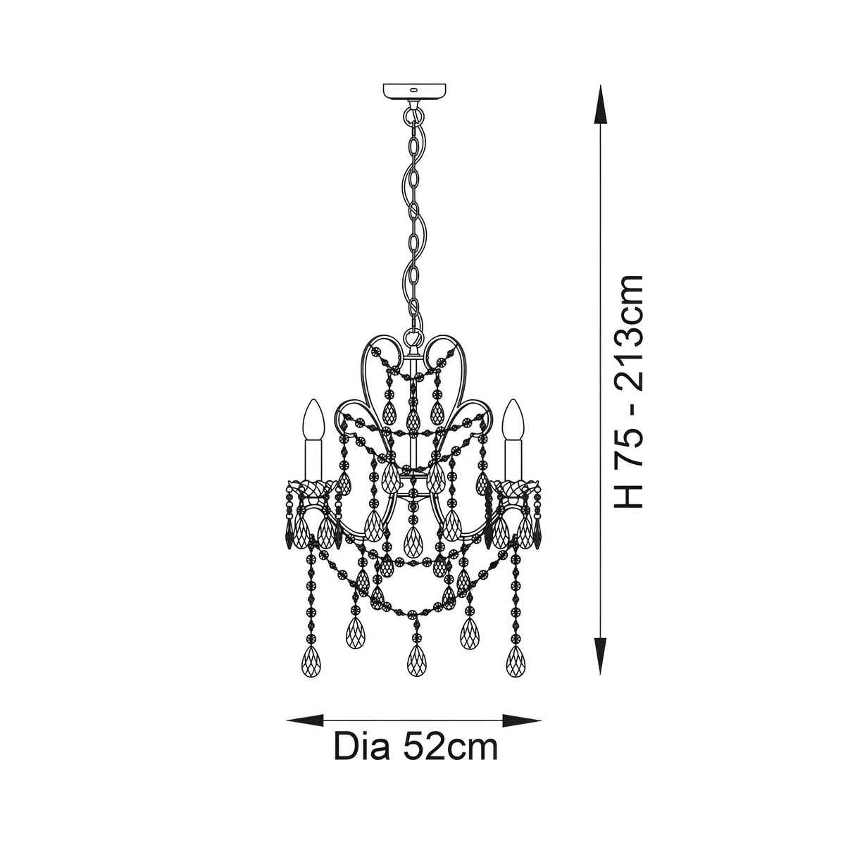 Dimensions diagram for Endon Aldwood 3 Light Pendant in silver, showing adjustable height 75-213cm and 52cm diameter on a white background.
