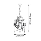 Dimensions diagram for Endon Aldwood 3 Light Pendant in silver, showing adjustable height 75-213cm and 52cm diameter on a white background.