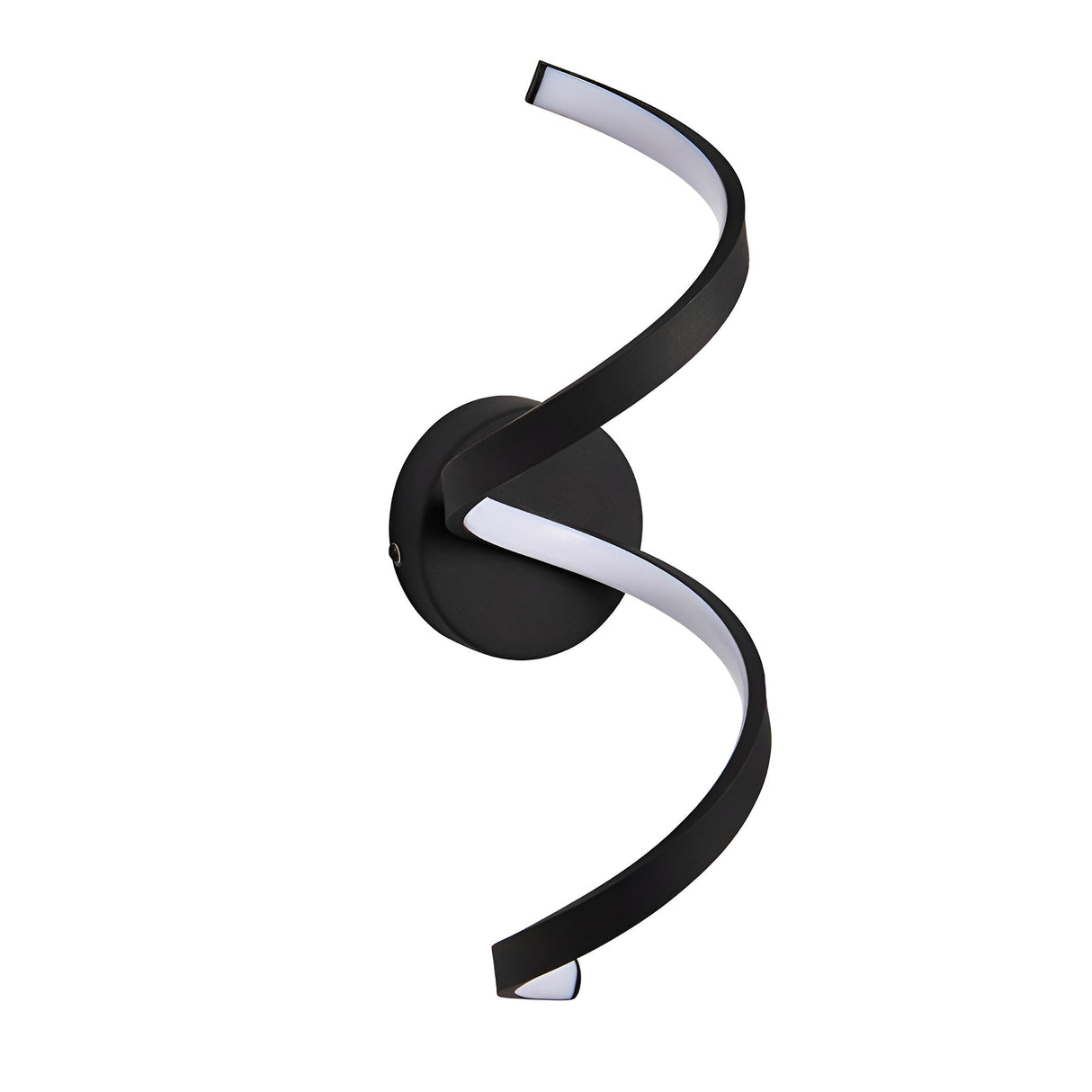 Endon Aldleigh LED wall light in textured black with a tall twisting spiral form and white illuminated inner edge on a round backplate, shown on white.