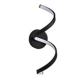Endon Aldleigh LED wall light in textured black with a tall twisting spiral form and white illuminated inner edge on a round backplate, shown on white.