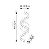 Dimension diagram of the Endon Aldleigh LED wall light showing a twisting spiral form, 45cm high, 13.5cm wide and 17cm projection.