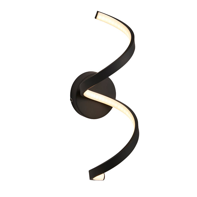 Endon Aldleigh LED wall light with a tall twisting black spiral form and warm white integrated LED, IP44 rated, shown on a plain white background.