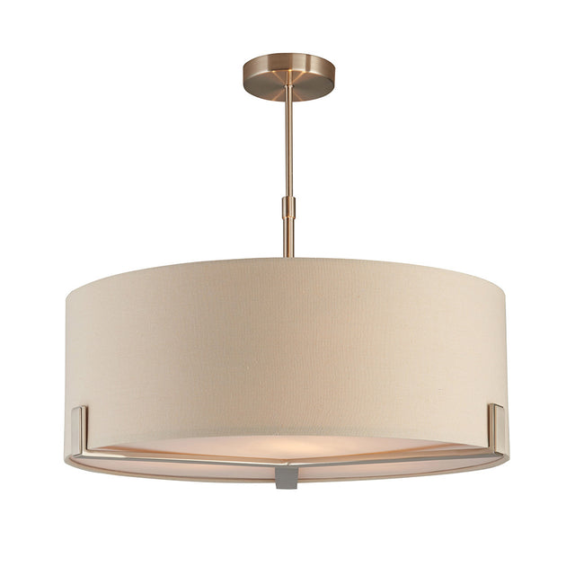 Endon Brendon 3 light pendant with a large pale grey fabric drum shade, white diffuser and satin nickel stem and ceiling fitting, on a white background.