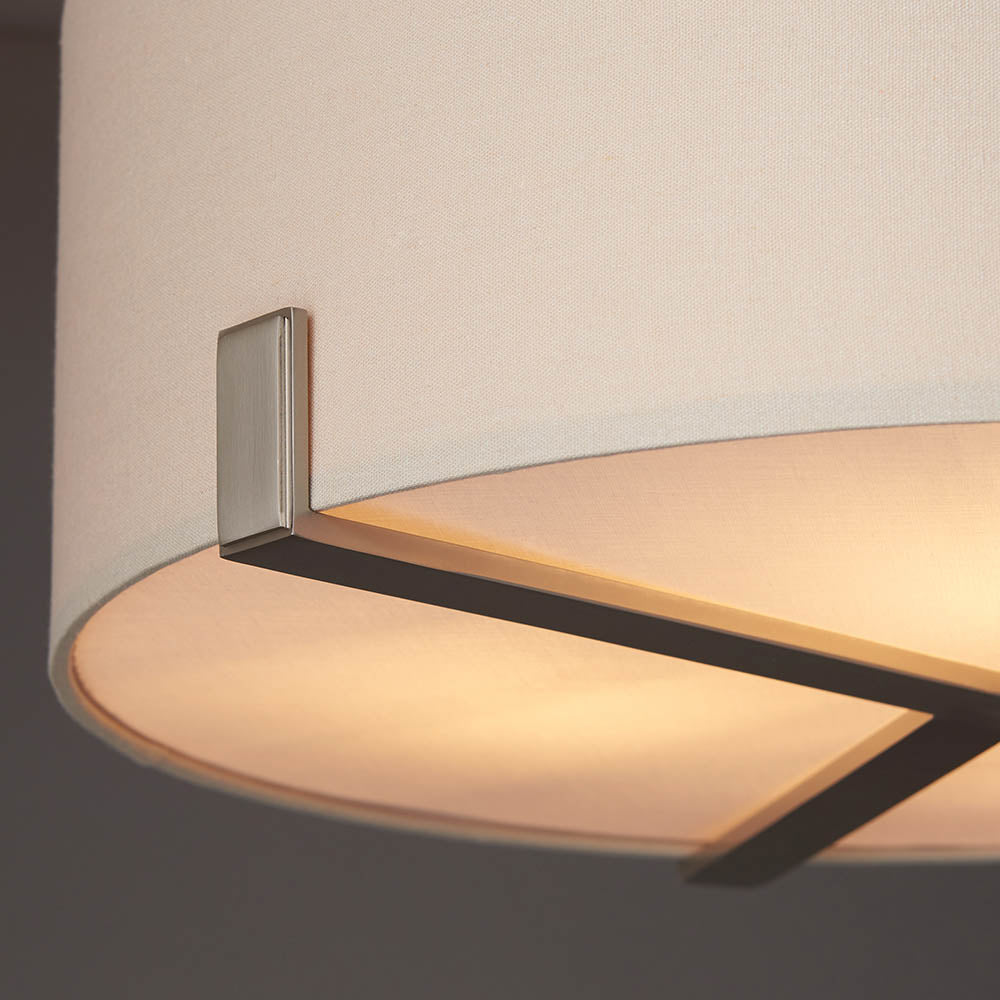 Endon Brendon 3 Light Pendant close-up showing brushed nickel bracket, pale fabric shade, and internal anti-glare diffuser softening the light beneath.