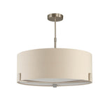 Endon Brendon 3 light pendant with a large pale grey fabric drum shade, internal diffuser and satin nickel stem, shown on a white background.