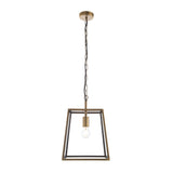 Endon Brenton lantern pendant in brass with tapered metal frame, single E27 filament bulb, and black chain suspension on a white background.