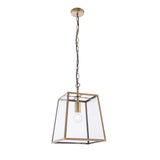 Endon Brenton tapered lantern pendant in brass with clear glass panels, E27 filament bulb, and chain suspension, shown on a plain white background.