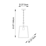 Dimensioned line drawing of the Endon Brenton lantern pendant showing 27.5cm width and depth with an adjustable 47–144cm drop height.