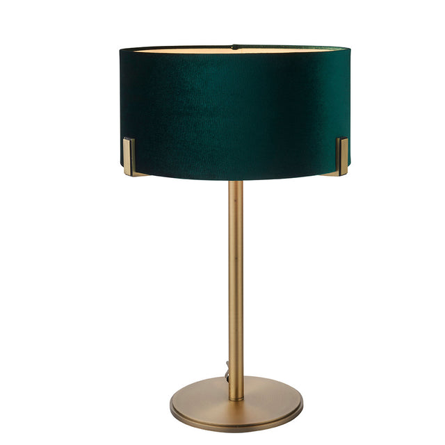 Brendon Table Lamp with a matt antique brass base and stem, topped with a green velvet drum shade on a plain white background.