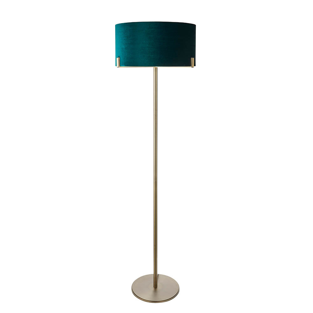 Endon Brendon floor lamp with slim antique brass metalwork and a green velvet cylinder shade on a round base, shown on a white background.