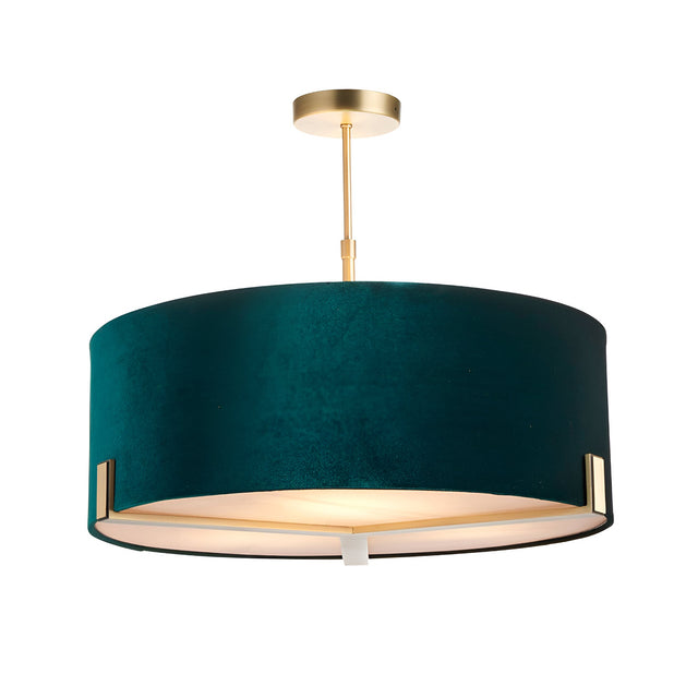 Brendon 3-light pendant with a green velvet drum shade, brass ceiling rose, adjustable stem and white diffuser, shown on a white background.