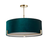 Brendon 3 Light Pendant with round green fabric drum shade, brass telescopic stem and ceiling rose, white diffuser beneath, on a plain white background.
