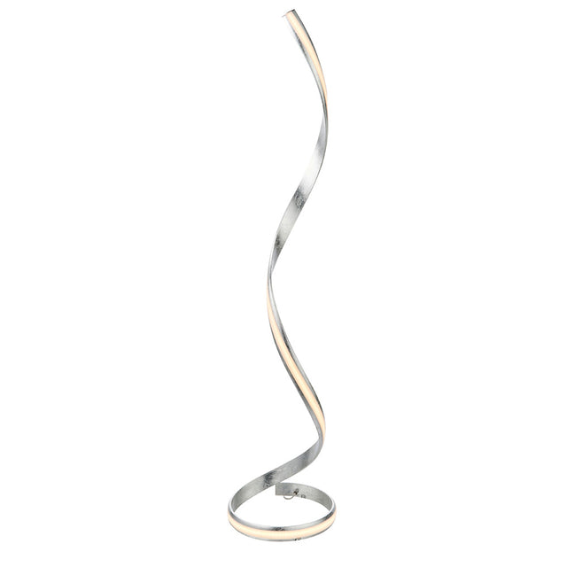 Endon Neve floor lamp with a tall spiralling silver leaf frame and integrated warm white LED diffuser, shown on a plain white background.