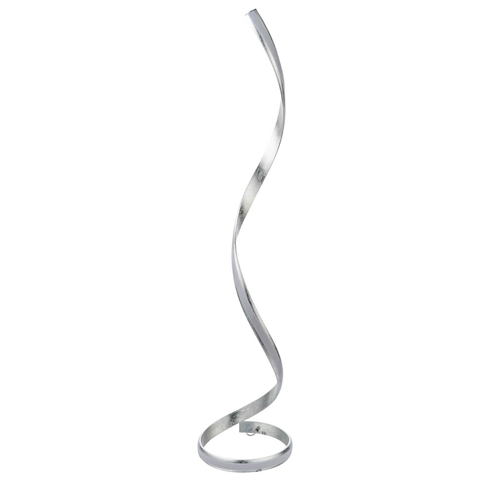 Endon Neve LED floor lamp with a tall spiralling ribbon frame in silver leaf finish and white diffuser, shown on a plain white background.