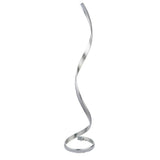 Endon Neve LED floor lamp with a tall spiralling ribbon frame in silver leaf finish and white diffuser, shown on a plain white background.