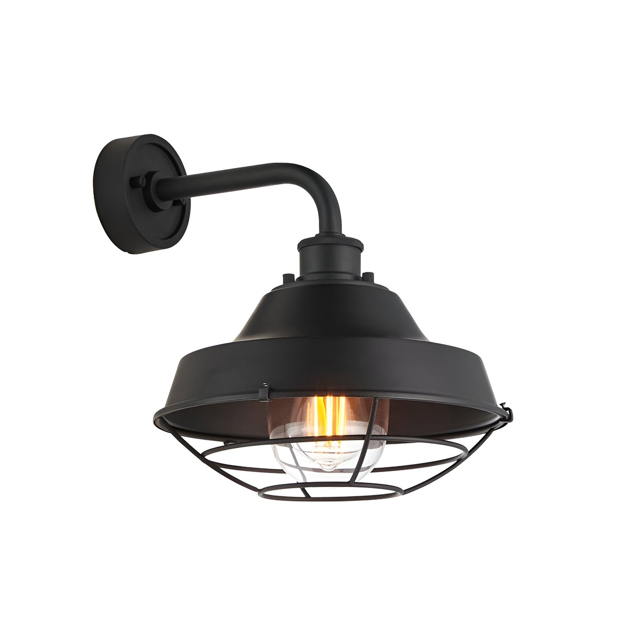 Caldton Outdoor Wall Light in matt black, industrial style with wire cage shade, filament bulb and gooseneck arm, shown on a plain white background.