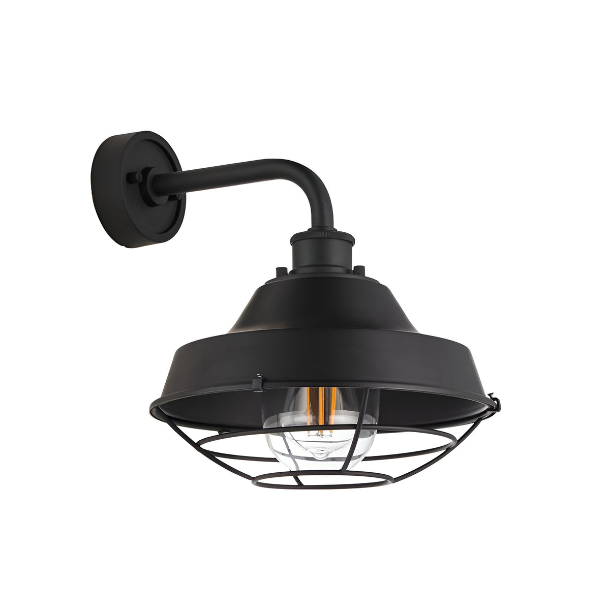 Caldton Outdoor Wall Light in matt black, industrial style with wall bracket, cage-covered shade and exposed filament bulb, shown on a plain white background.