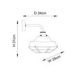 Technical line drawing of the Caldton Outdoor Wall Light in black, showing wall bracket, angled arm, caged shade, and dimensions H31cm, D34cm, W28cm.