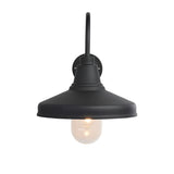 Endon Brackworth outdoor wall light in textured black, featuring a wide barn-style metal shade and clear glass shroud over an E27 filament bulb.