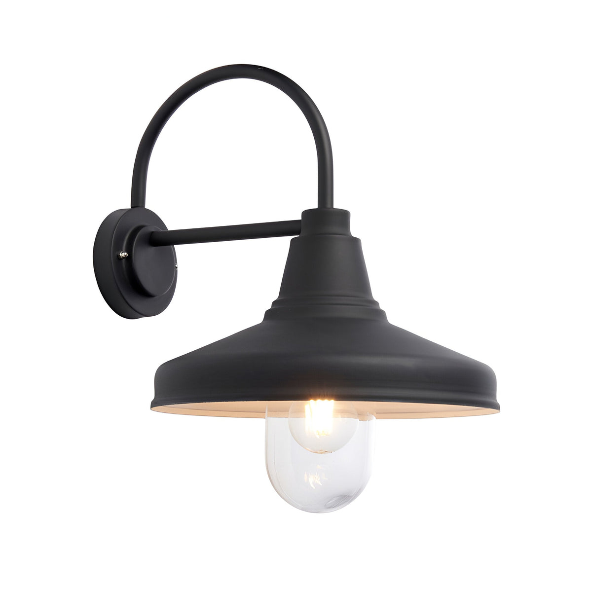Endon Brackworth outdoor wall light in black with a gooseneck arm, textured metal barn-style shade and clear glass shade housing an E27 filament bulb.