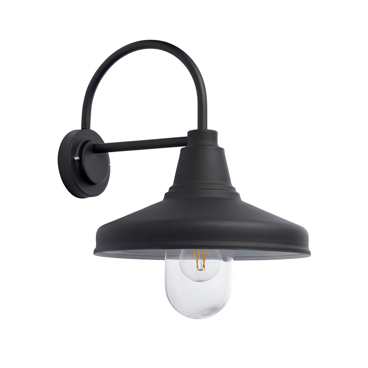 Endon Brackworth outdoor wall light in textured black with gooseneck arm, wide barn-style shade and clear glass bulb cover, on a white background.