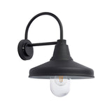 Endon Brackworth outdoor wall light in textured black with gooseneck arm, wide barn-style shade and clear glass bulb cover, on a white background.