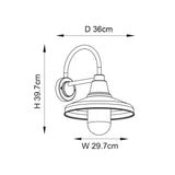 Dimension diagram of the Endon Brackworth outdoor wall light showing height 39.7cm, width 29.7cm and depth 36cm on a white background.