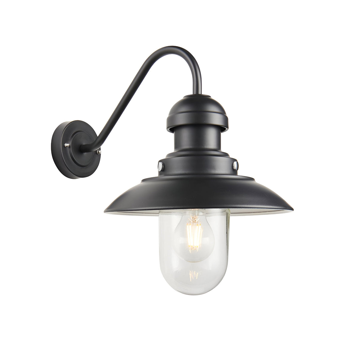 Endon Brengrove outdoor wall light in matt black, with a curved fisherman's arm and clear glass shade over an E27 filament bulb, on a white background.