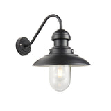 Endon Brengrove outdoor wall light in matt black, with a curved fisherman's arm and clear glass shade over an E27 filament bulb, on a white background.