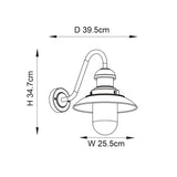 Dimension diagram of the Endon Brengrove outdoor wall light showing 34.7cm height, 25.5cm width and 39.5cm projection on a white background.