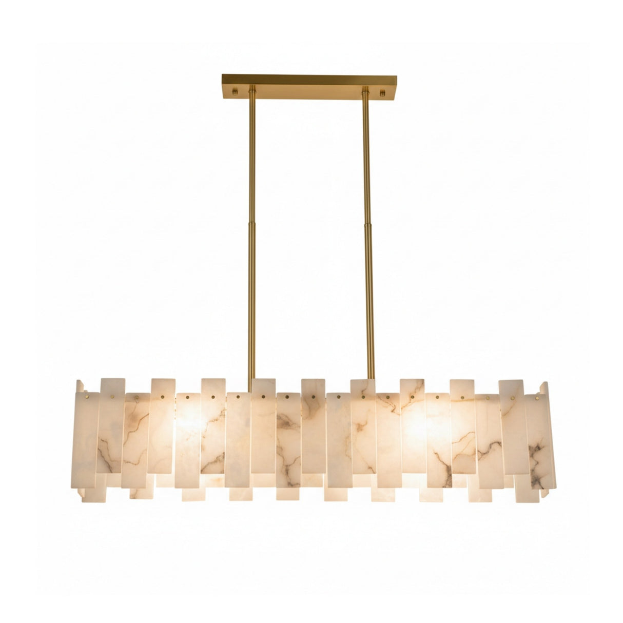 The Zarelli 6 Light Interlocking Panel Alabaster Linear Chandelier in Soft White & Brass features a gold frame, two vertical rods, and layered marbled Spanish alabaster panels for a modern, elegant look.