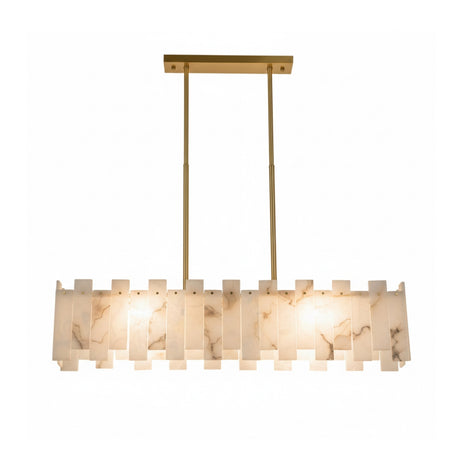 The Zarelli 6 Light Interlocking Panel Alabaster Linear Chandelier in Soft White & Brass features a gold frame, two vertical rods, and layered marbled Spanish alabaster panels for a modern, elegant look.
