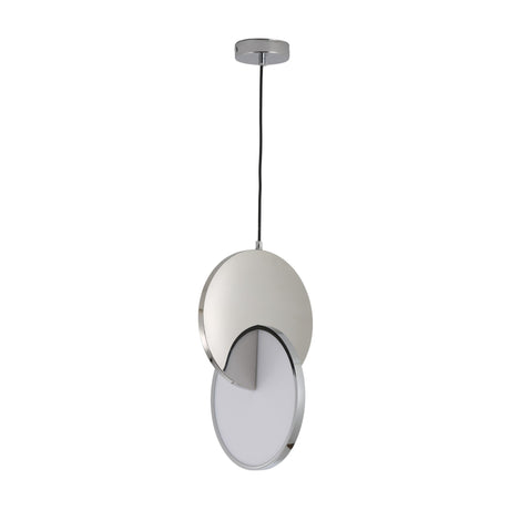 The Half Moon LED Pendant Light - Silver features two overlapping circular panels—one metallic and one frosted white—suspended from a ceiling mount by a black cord for a modern look.