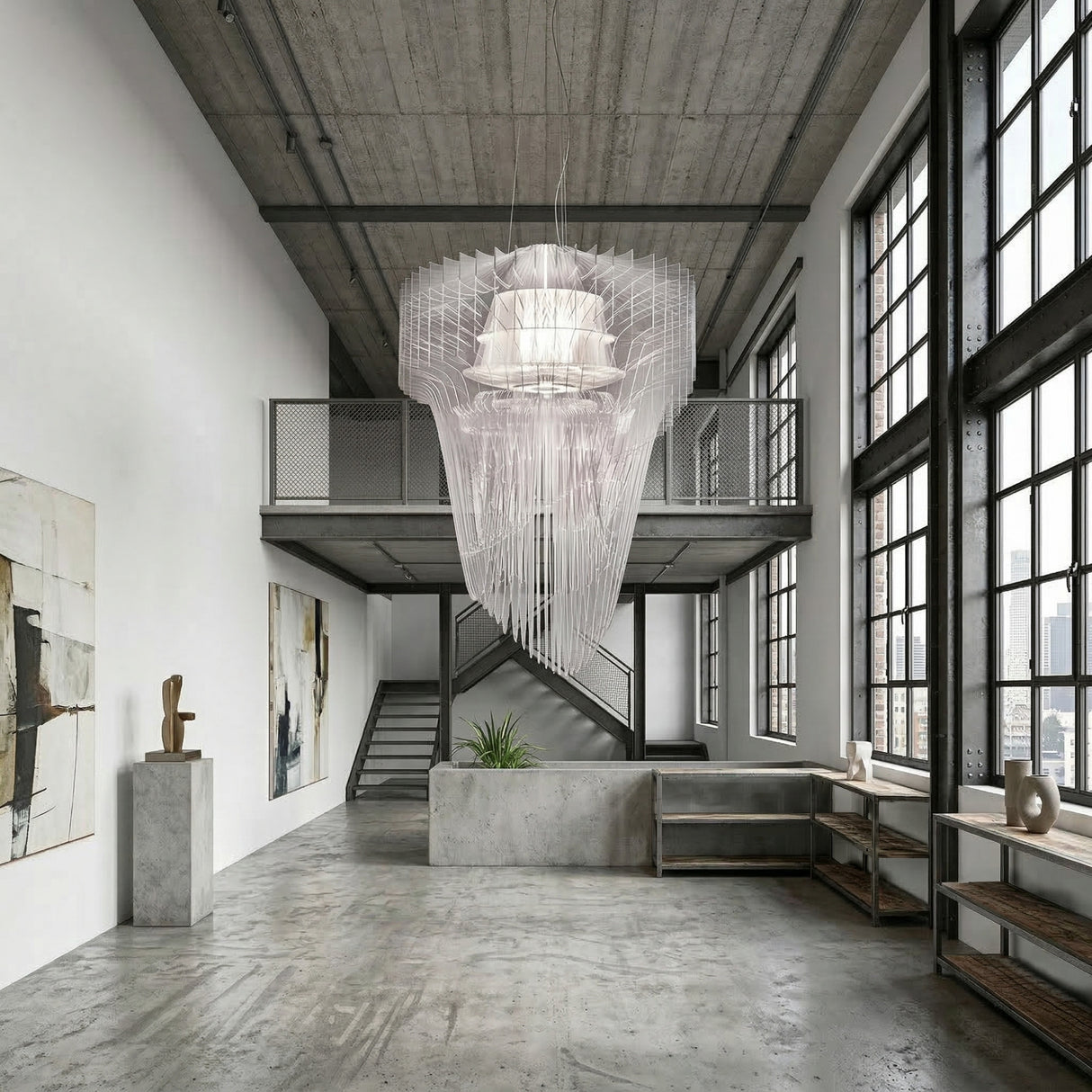 A modern loft with large industrial windows, concrete floors, abstract art, minimal furniture, and the Aeris 5 Light Large Chandelier - White hanging strikingly from a high ceiling above an open staircase and mezzanine.