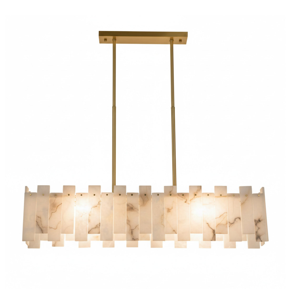 The Zarelli 8 Light Interlocking Panel Alabaster Linear Chandelier in Soft White & Brass features overlapping frosted alabaster panels, a brass frame with two vertical rods, and emits a soft, warm glow.