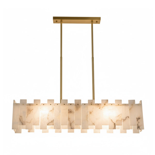 The Zarelli 8 Light Interlocking Panel Alabaster Linear Chandelier in Soft White & Brass features overlapping frosted alabaster panels, a brass frame with two vertical rods, and emits a soft, warm glow.
