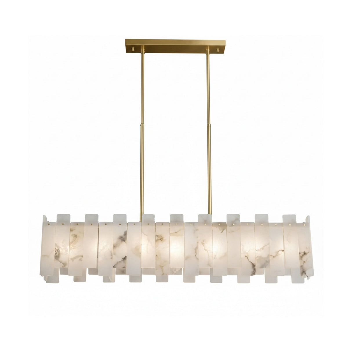 The Zarelli 6 Light Interlocking Panel Alabaster Linear Chandelier features a brass frame and layered soft white alabaster panels with subtle gray veining, suspended by two rods for modern style and evenly diffused light.