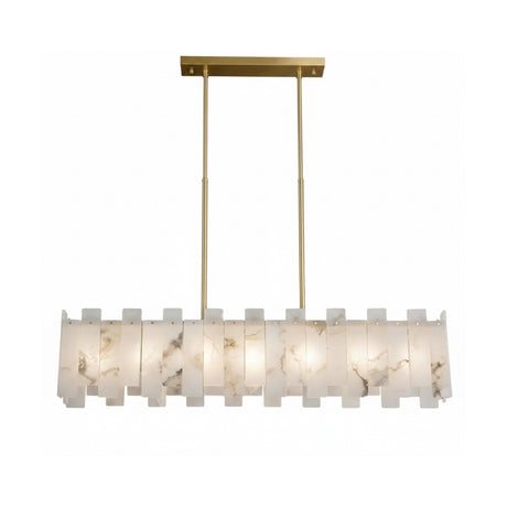 The Zarelli 6 Light Interlocking Panel Alabaster Linear Chandelier features a brass frame and layered soft white alabaster panels with subtle gray veining, suspended by two rods for modern style and evenly diffused light.