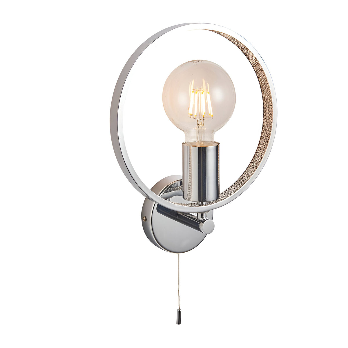 Endon Carlcombe chrome bathroom wall light with a faceted circular ring frame, single E27 globe bulb, and pull cord switch, on a white background.